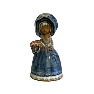 Vintage Mini Pottery Bell Girl with Basket Glazed Blue and Tan 3.5”H